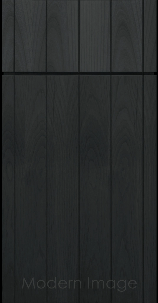 Front view of a Brooklyn style Grooved Flat Panel Cabinet Door and Drawer finished in Night Sky Stain.